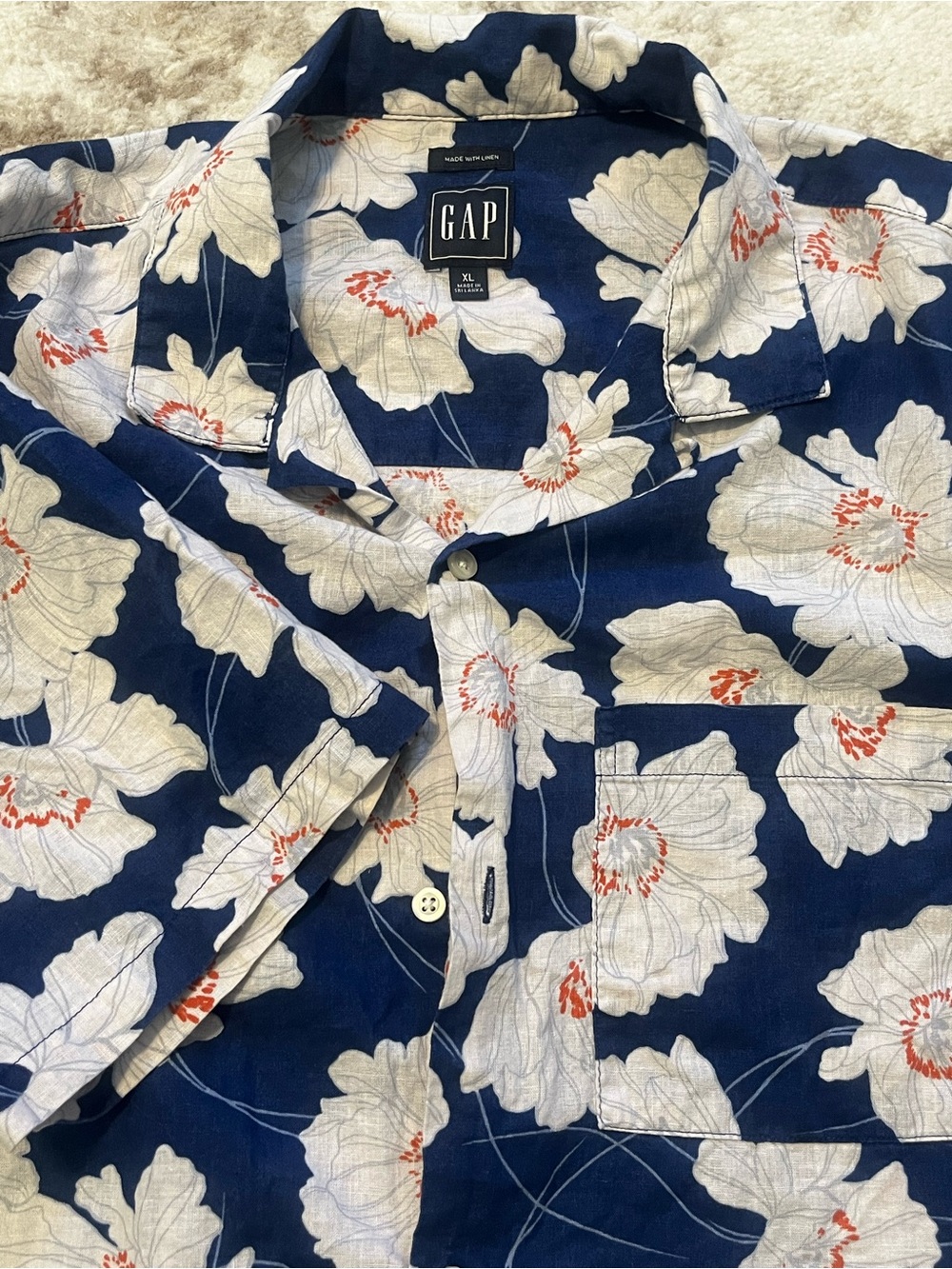 GAP Mens XL Navy Blue Linen Blend Floral Hawaiian Camp Shirt Short Sleeve XL